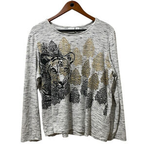 Weekends By Chico’s Top Size 3 XL 16 Tiger Print Animal Graphics Gray Gold Black